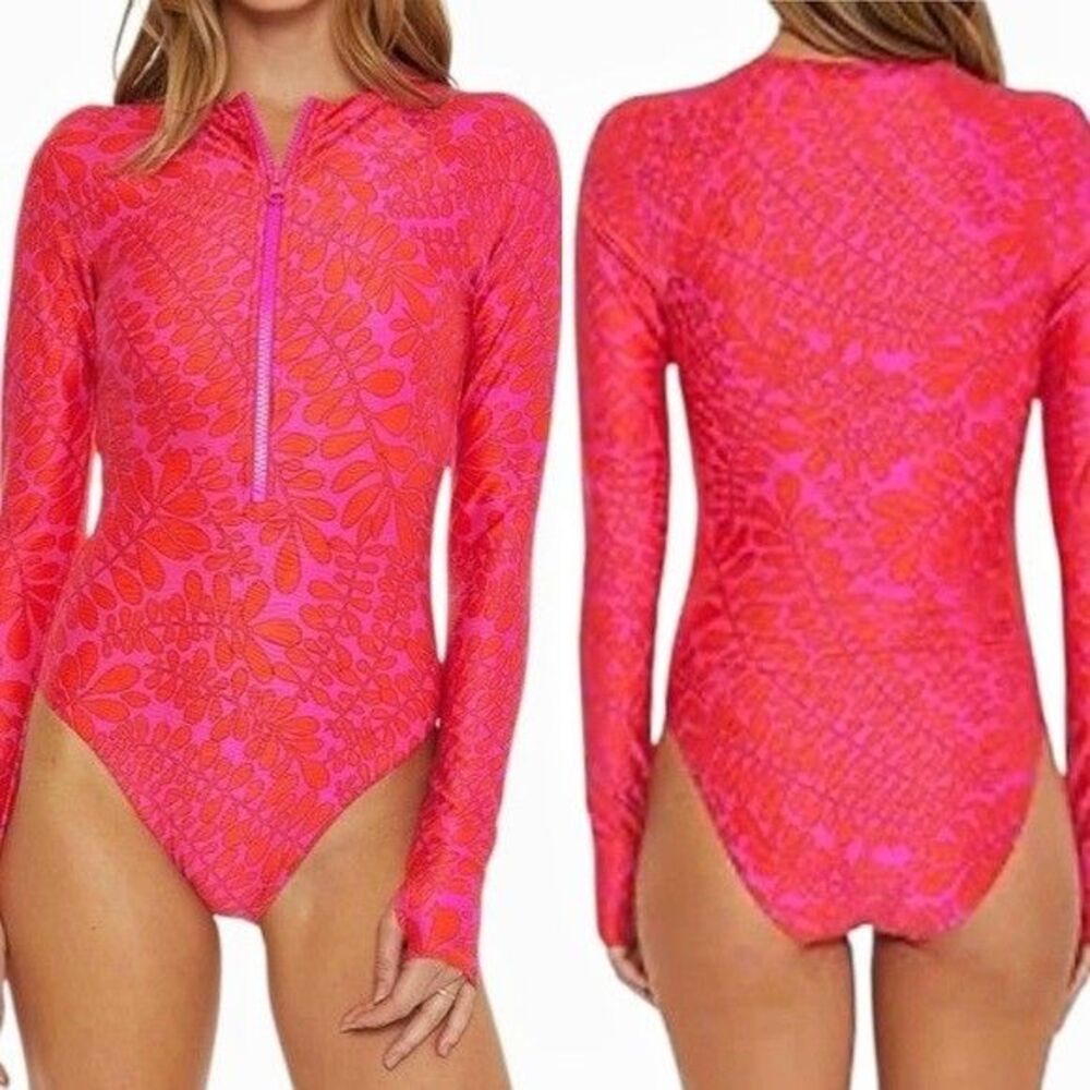 TRINA TURK Trellis Paddle Long Sleeve Rash Guard Swimsuit L Beach Resort Tropic